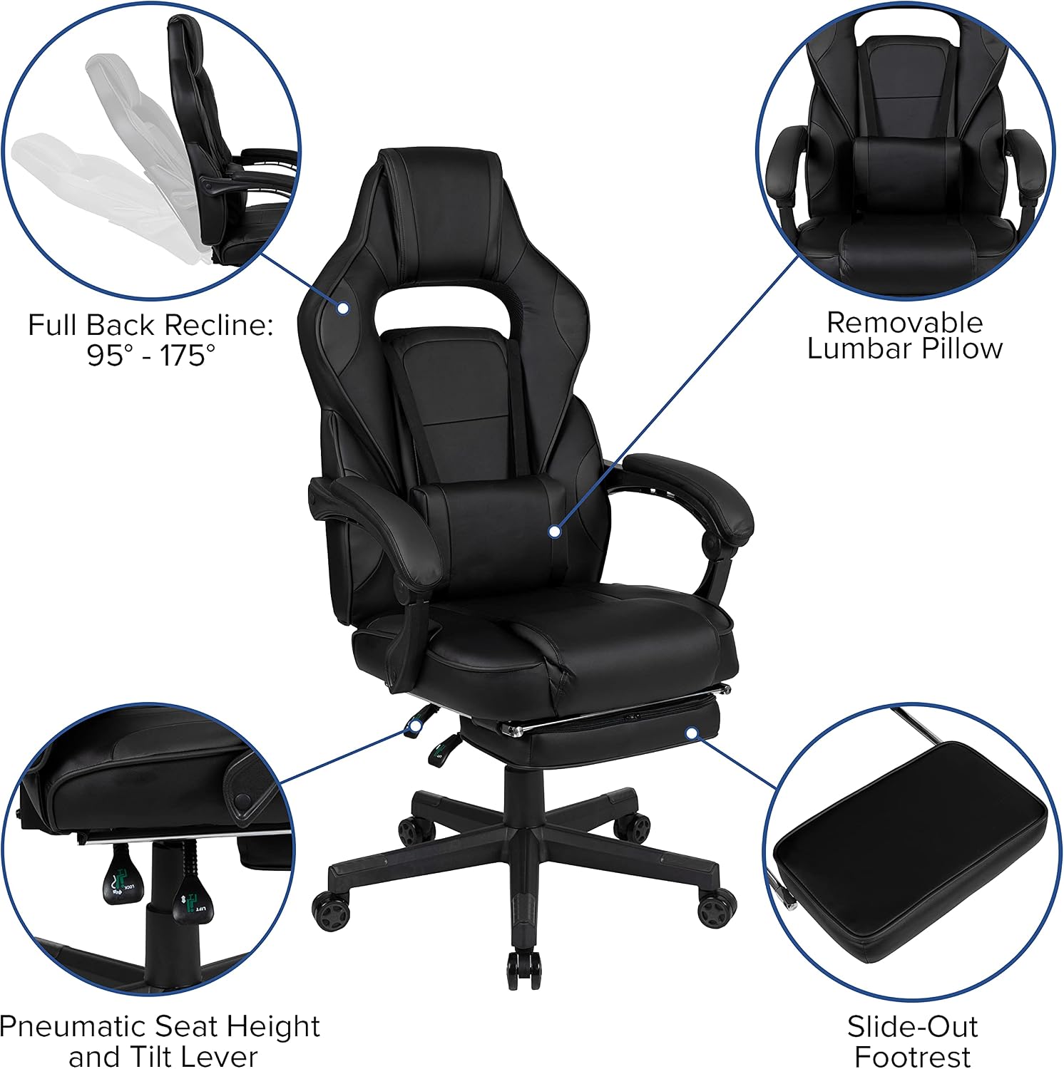 Flash Furniture X40 Gaming Chair Racing Ergonomic Computer Chair with Fully Reclining Back/Arms, Slide-Out Footrest, Massaging Lumbar - Black