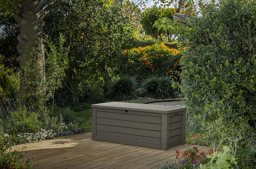 Keter Westwood 150 Gallon Resin Large Outdoor Storage Box for Patio Furniture, Outdoor Cushions, Garden Tools and Pool Floats, Taupe