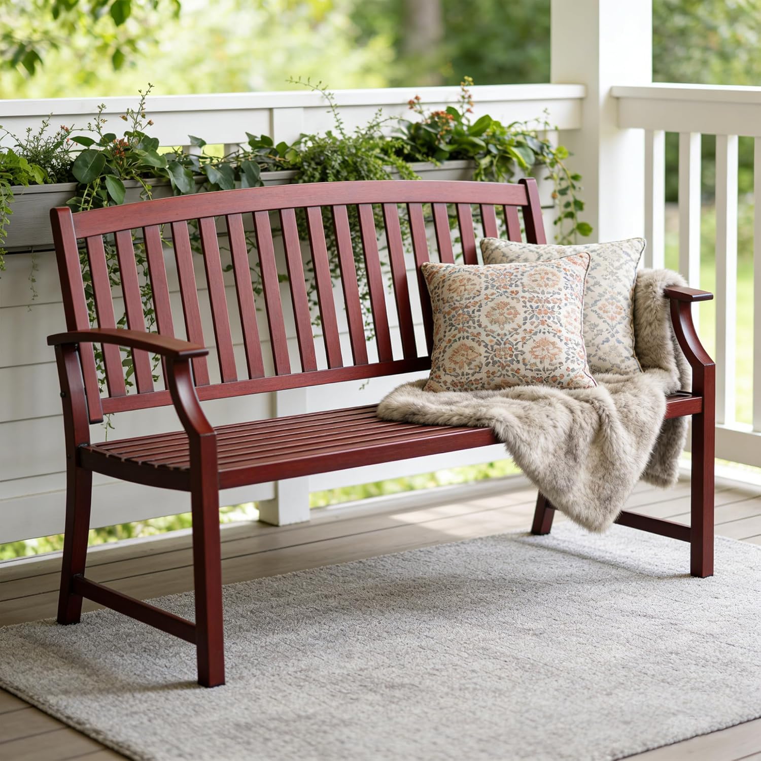 Grand patio 52' Farmhouse Outdoor Bench, Garden Benches with Anti-Rust Aluminum Powder Coated Frame, Faux Wood Grain Finish Frame Patio Bench for Front Porch, Red