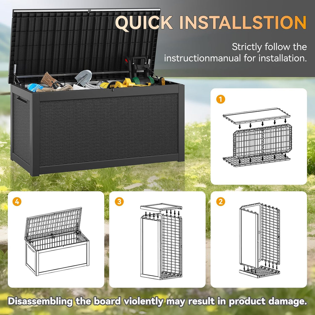 KAMABOKO 300 Gallon Outdoor Storage Box, Resin Deck Boxes Indoor and outdoor, Waterproof Storage Box Lockable Lid for Garden Tools, Package Delivery, Patio Cushions, Black