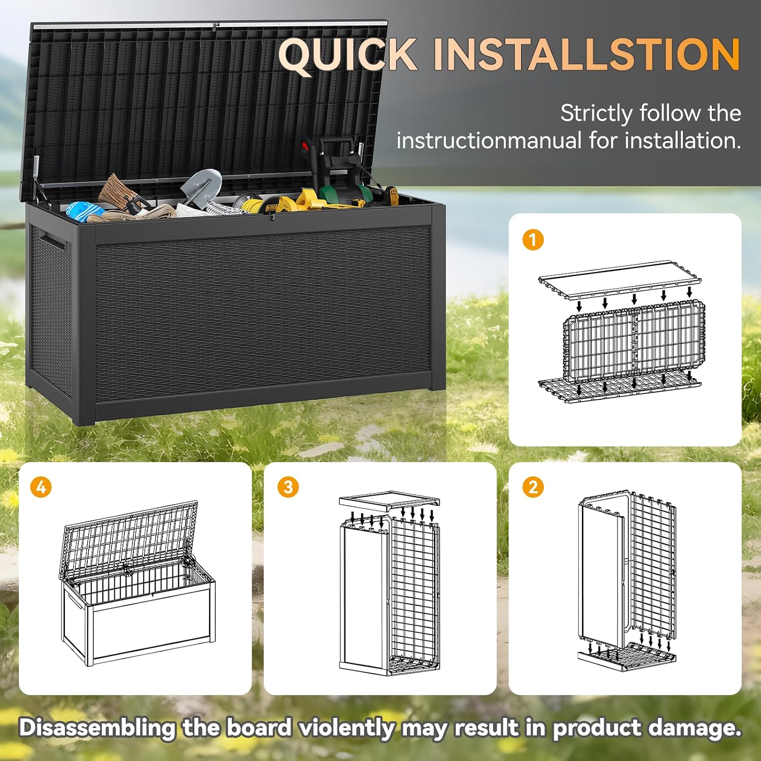 KAMABOKO 300 Gallon Outdoor Storage Box, Resin Deck Boxes Indoor and outdoor, Waterproof Storage Box Lockable Lid for Garden Tools, Package Delivery, Patio Cushions, Black