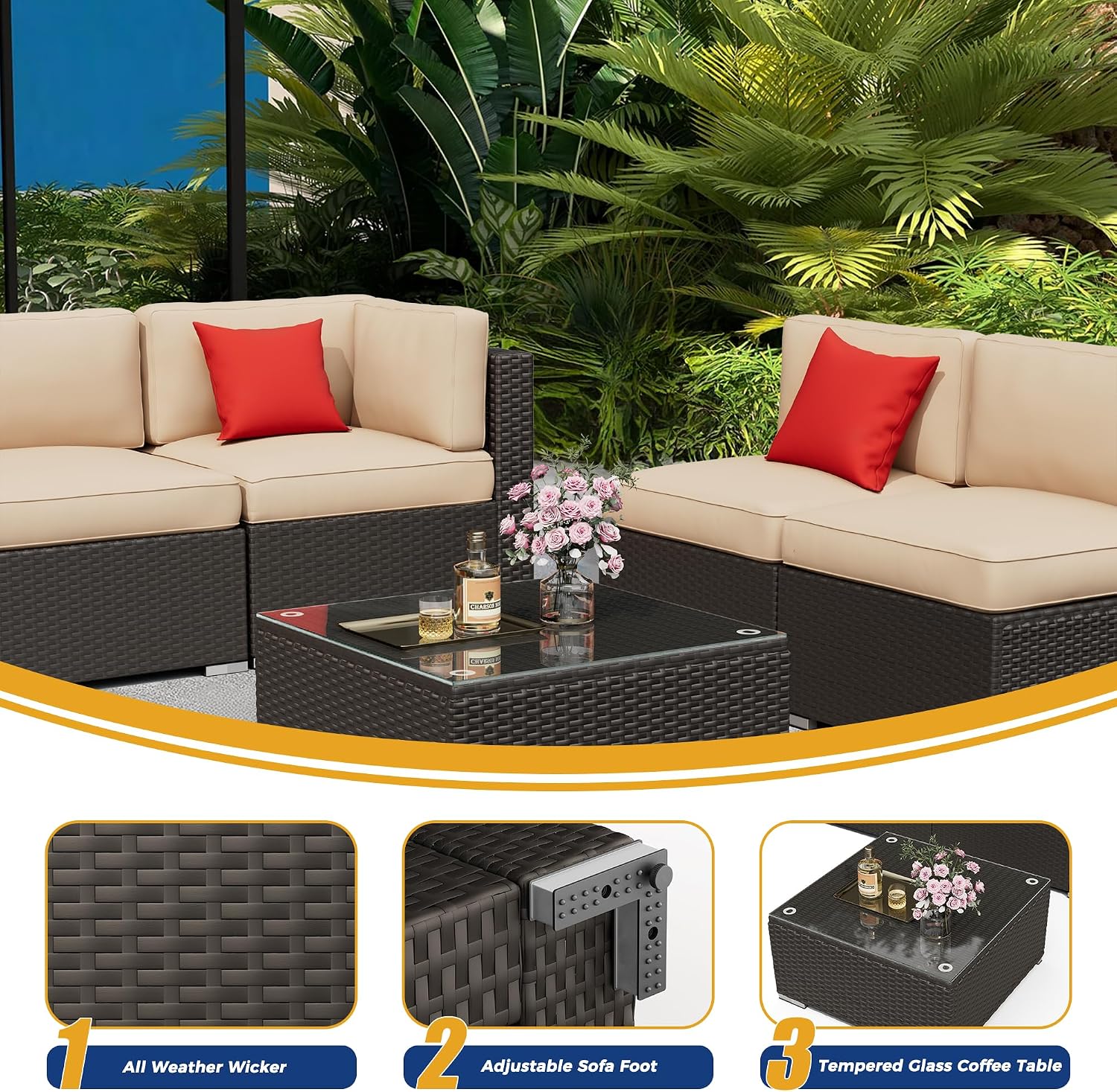 Incbruce 7-Piece Patio Furniture Set, All-Weather Conversation Set, PE Wicker Rattan Outdoor Sectional Couch with Glasstop Table and Removable Cushions (Brown)