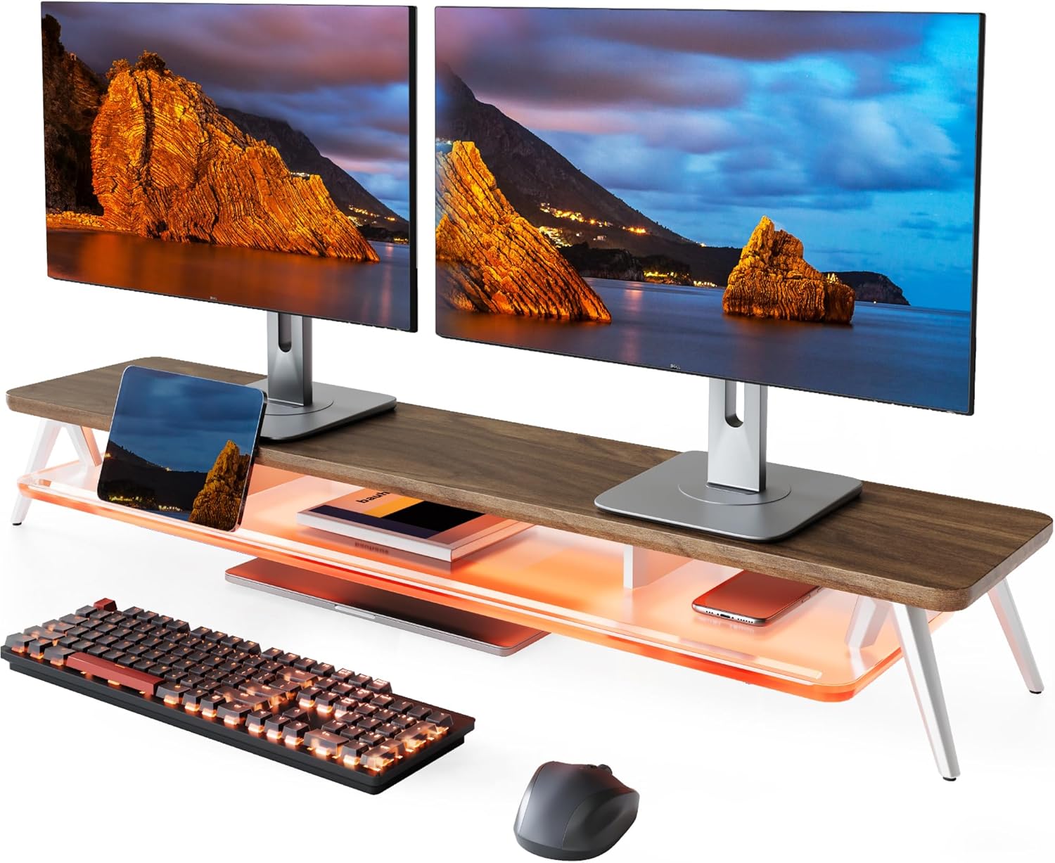 Fenge Dual Monitor Stand, 2 Tiers Acrylic Monitor Riser with LED Lights, 42.5 Inch Wood and Aluminum Desk Shelf with Phone and Tablet Holder