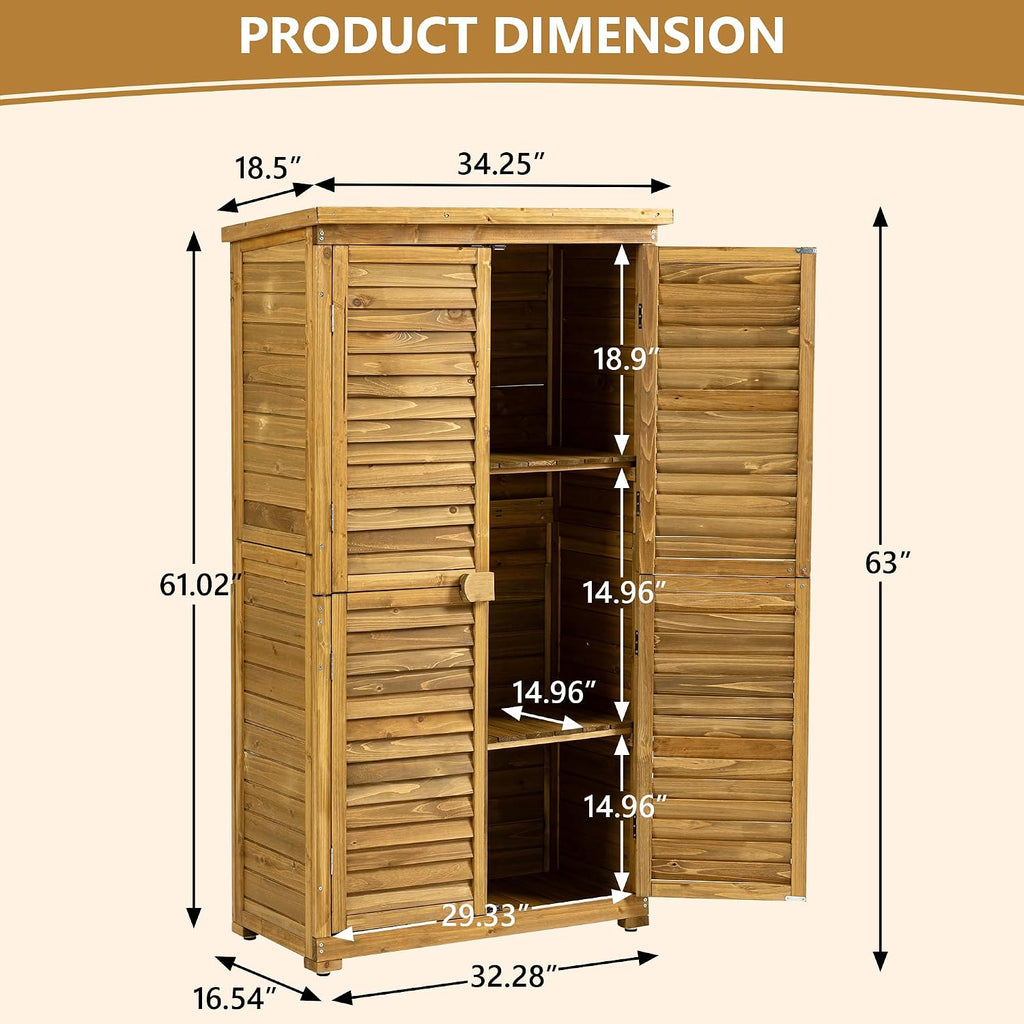 YOPTO Outdoor Wood Storage Cabinet,Garden Shed Tool with Lockable Door and Waterproof Roof,Backyard Building w/ 2 Removable Shelves & Adjustable Feet,for Lawn Patio,34.25' L x 18.5' W x 63' H,Natural