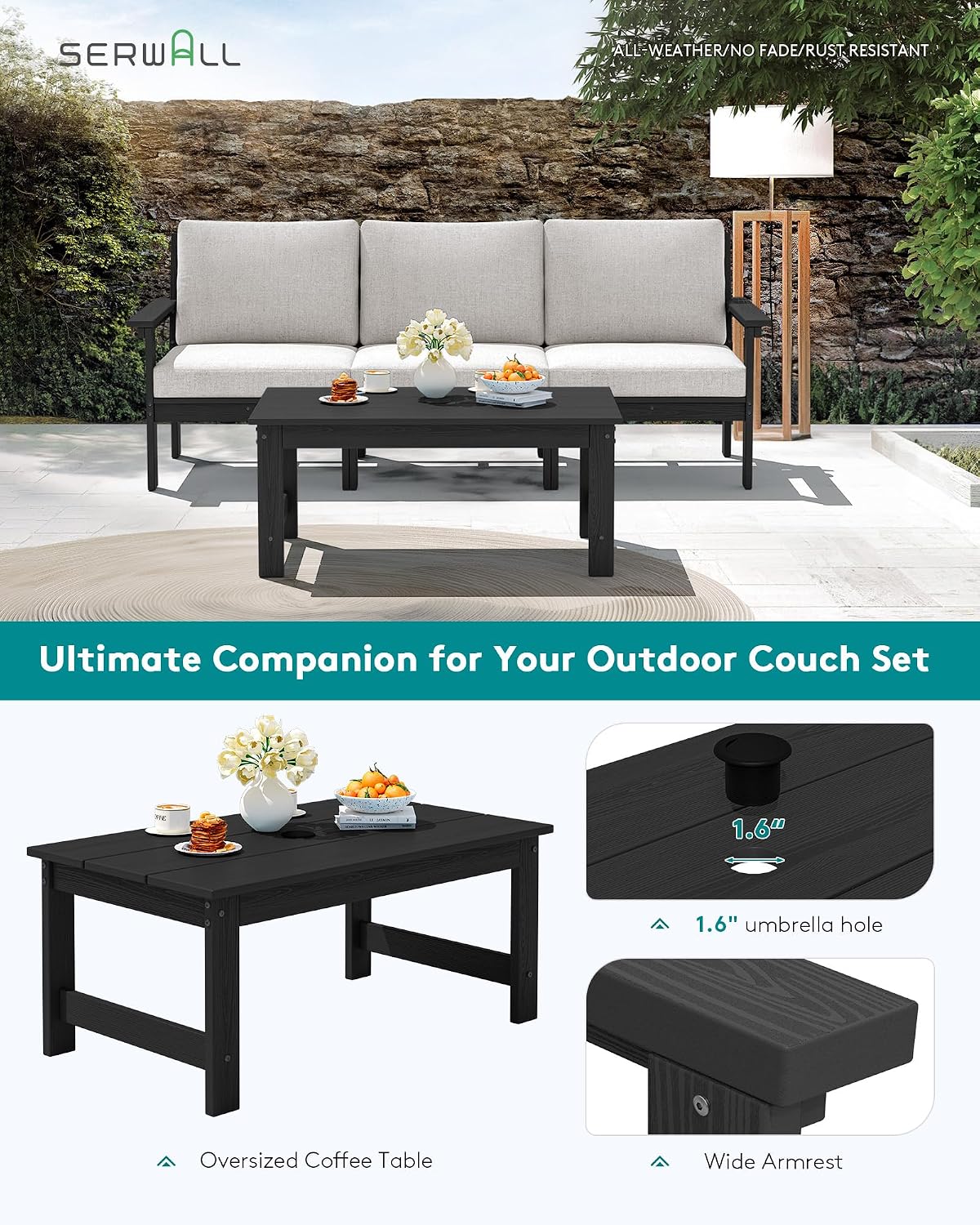 SERWALL Outdoor Sectional Sofa Set, 5-piece Outdoor Modula Couch Set with Ottoman, All Weather Patio Furniture Set with Chaise for Deck, Lawn, Black Frame with Khaki Cushion
