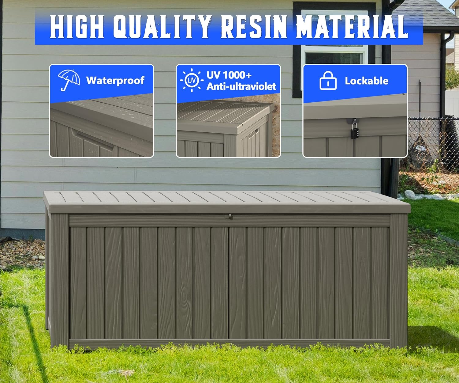 NUNU LAB 150 Gallon Outdoor Storage Box,Resin Large Sturdy Deck Box, Backyard Outside Storage Box Waterproof with Double Wall Panels,Package Delivery Garden Outdoor Hose