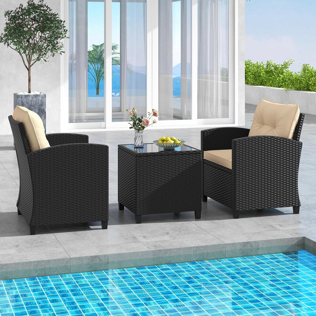 RELAX4LIFE 3-Piece Patio Furniture - Wicker Rattan Bistro Sofa Set w/Glass Top Coffee Table, Washable Cushions for Porch Balcony Backyard Poolside, Outdoor Conversation Set (Beige)