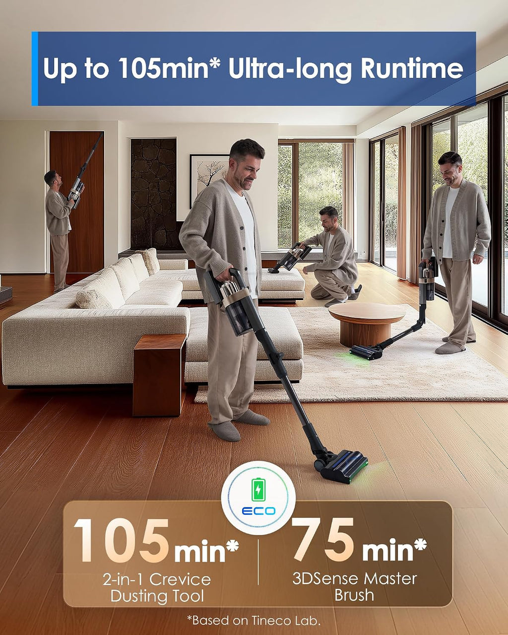 Tineco Pure ONE A90S Cordless Vacuum Cleaner, 270AW Powerful Suction, Up to 105min Runtime, 3DSense Master Brush, 150° Green LED Light, Stick Vacuum Cleaner for Pet Hair, Carpet & Hard Floor
