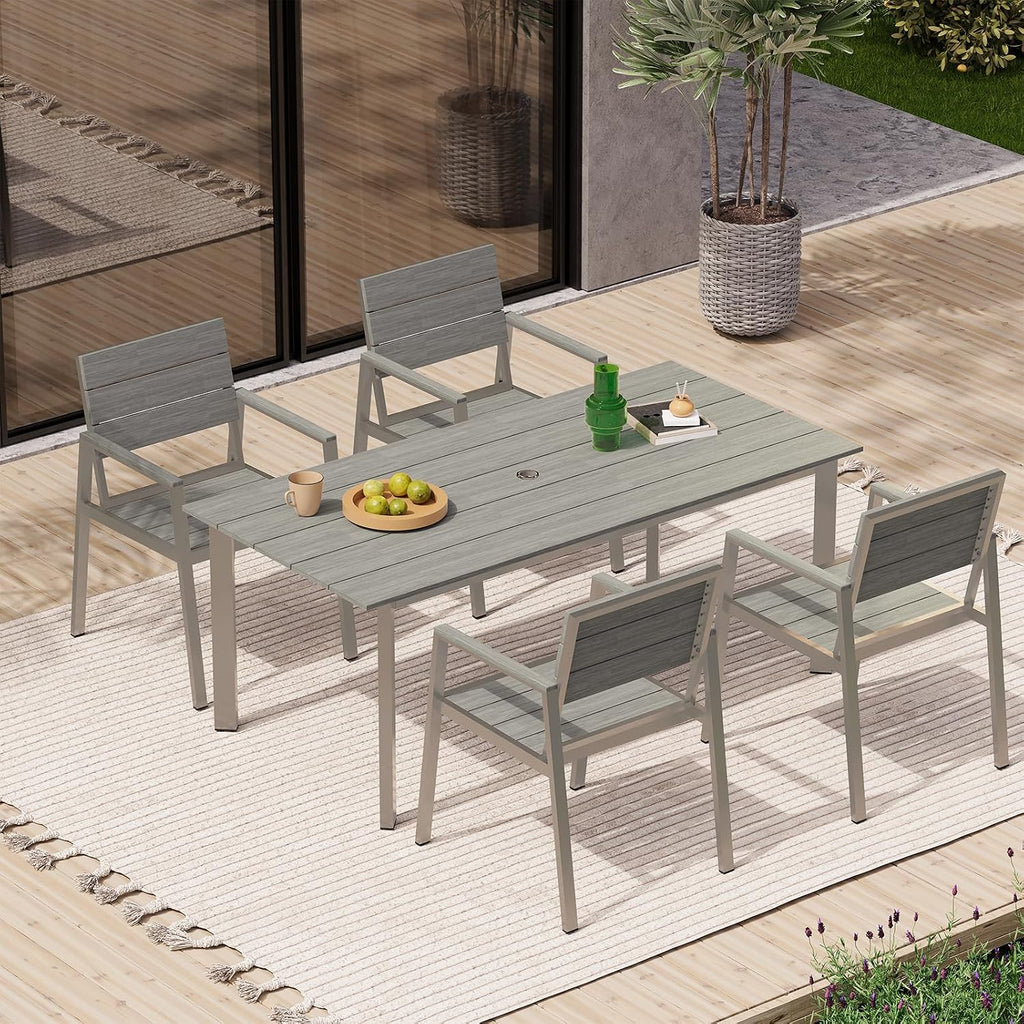 67' Rectangle HDPS Patio Dining Table, Aluminum Outdoor Patio Dining Table with Umbrella Hole, Weather-Resistant for Lawn, Garden, Yard, Poolside and Indoor Use (Gray & Teak)