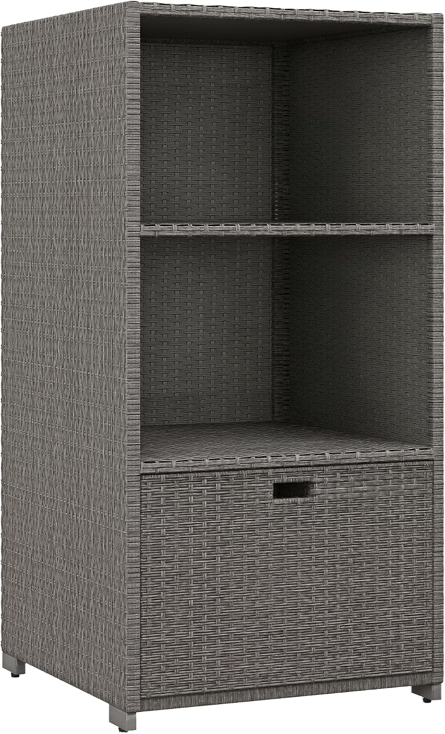 Outsunny Valet Pool Towel Rack, Waterproof PE Plastic Rattan Wicker Storage Organizer, Indoor Outdoor Spa, and Hot Tub Accessory Storage, 2 Shelves, 1 Basket Drawer, Mixed Gray
