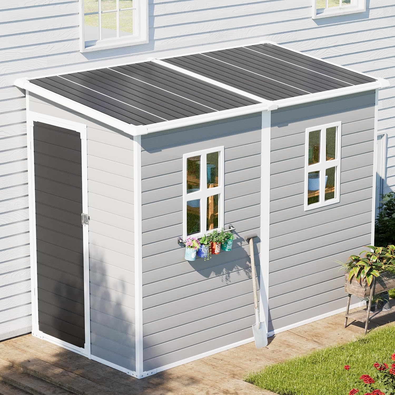 8x4x6 FT Resin Storage Shed with Floor Windows Door Vents, Reinforced Frame Waterproof Plastic Lean to Sheds Kit with Base for Backyard Garden Patio Tools Storage, Gray