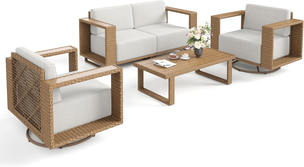 SUNSHINE VALLEY 4 Pieces Patio Furniture Set with Swivel Chairs, Outdoor Wicker Conversation Set with 10' Thick Cushions, All Weather Rattan Conversation Set, Low Profile Lawn Garden Backyard Sofa