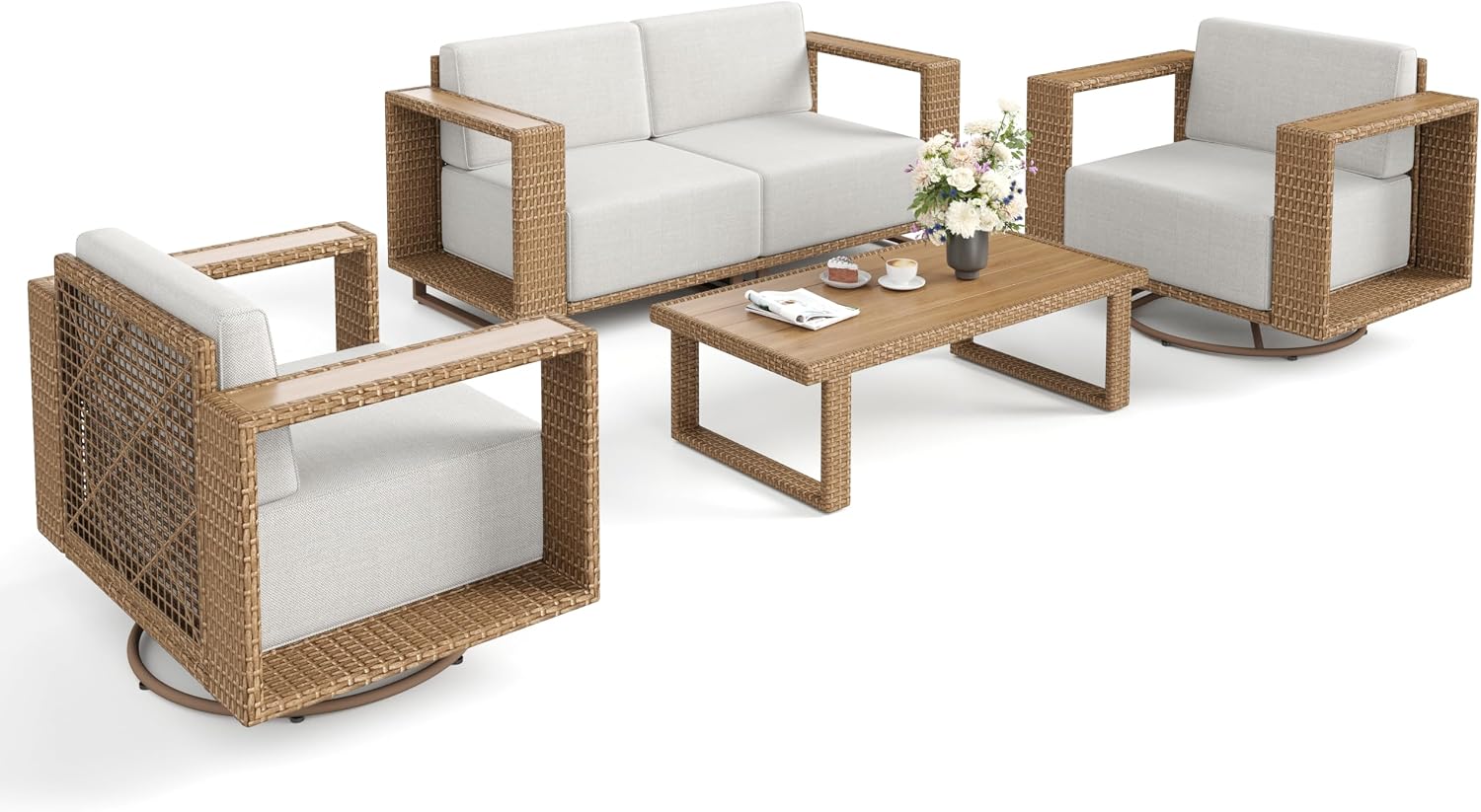 SUNSHINE VALLEY 4 Pieces Patio Furniture Set with Swivel Chairs, Outdoor Wicker Conversation Set with 10' Thick Cushions, All Weather Rattan Conversation Set, Low Profile Lawn Garden Backyard Sofa