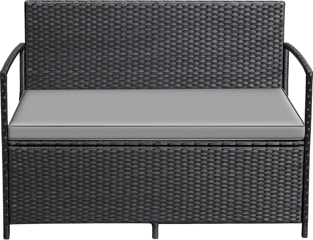 Greesum Patio Loveseat PE Rattan Wicker Outdoor Furniture with Soft Cushions & Built-in Storage Space for Lawn Garden Backyard, Black