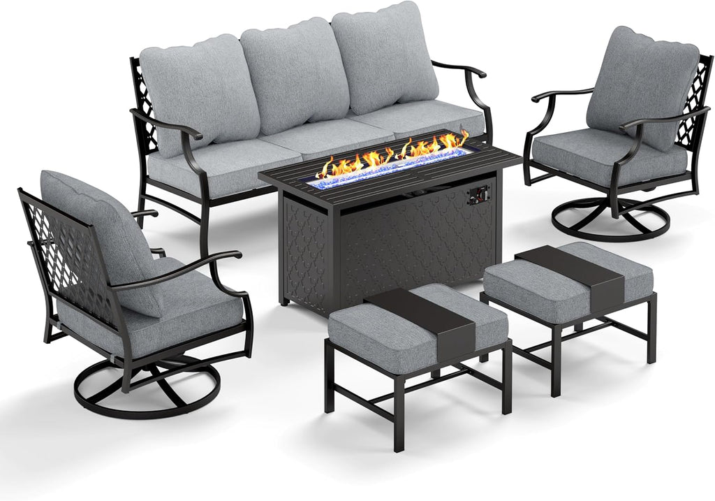 MIXPATIO Patio Furniture Set, 6 Pcs Metal Outdoor Conversation Set, 2 Swivel Chairs, 2 Ottomans and 3 Seater Sofa with 5.75' Extra Thick Cushion and Gas Fire Pit Table, Grey