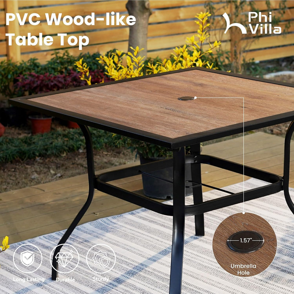 PHI VILLA 5 PCS Patio Dining Set with 4 Padded Outdoor Swivel Dining Chairs and 37'x 37' Premium PVC Table Top Dining Table(1.57' Umbrella Hole), Outdoor Dining Table & Chair Set for Deck Lawn Garden