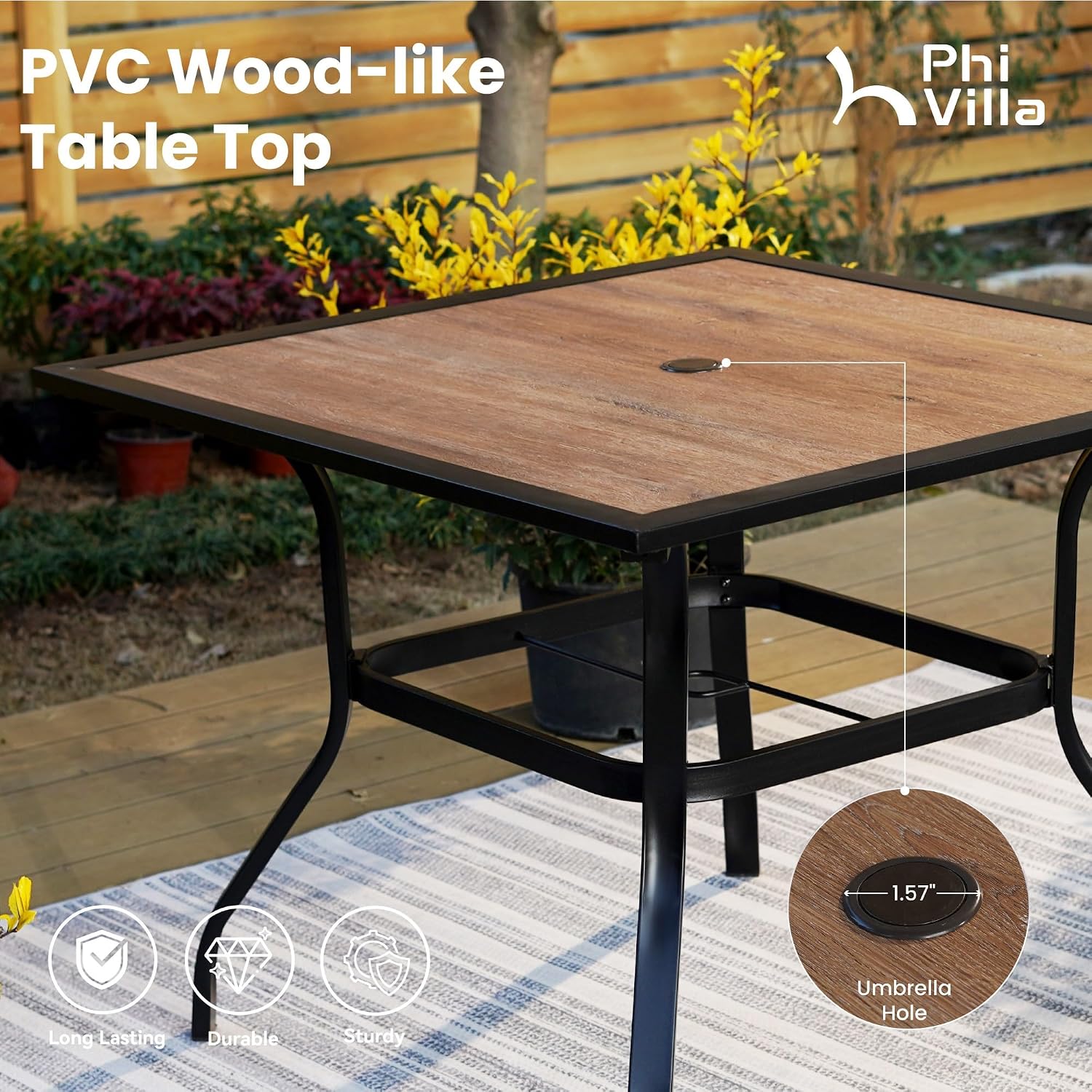 PHI VILLA 5 PCS Patio Dining Set with 4 Padded Outdoor Swivel Dining Chairs and 37'x 37' Premium PVC Table Top Dining Table(1.57' Umbrella Hole), Outdoor Dining Table & Chair Set for Deck Lawn Garden