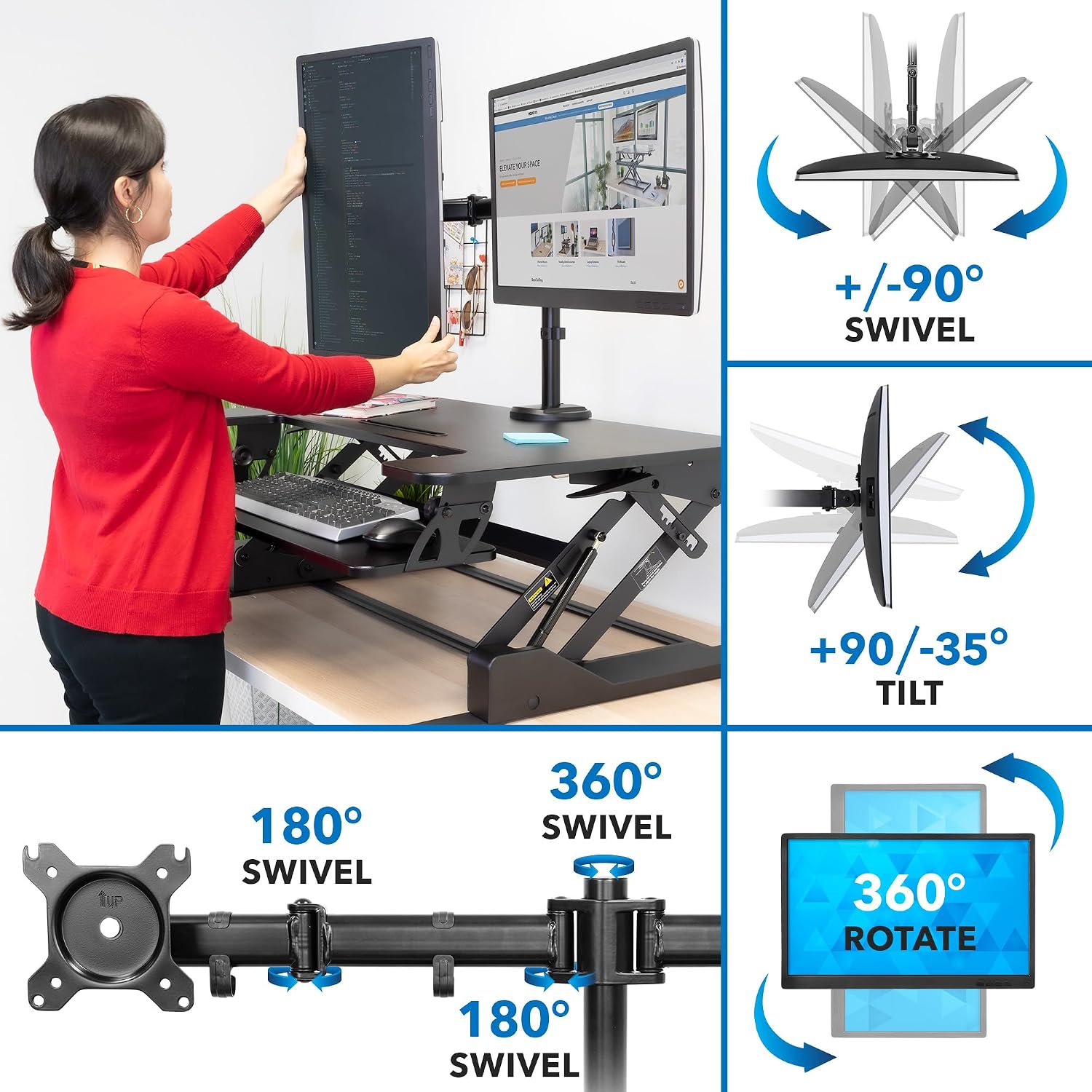 Mount-It! Standing Desk Converter Dual Monitor, 2 Screen Mounts Included, Height Adjustable Desk Riser in Black, Stand Up Desk Convertor Large 36' Wide, Sit Stand Convertor with Manual Lift Gas Spring