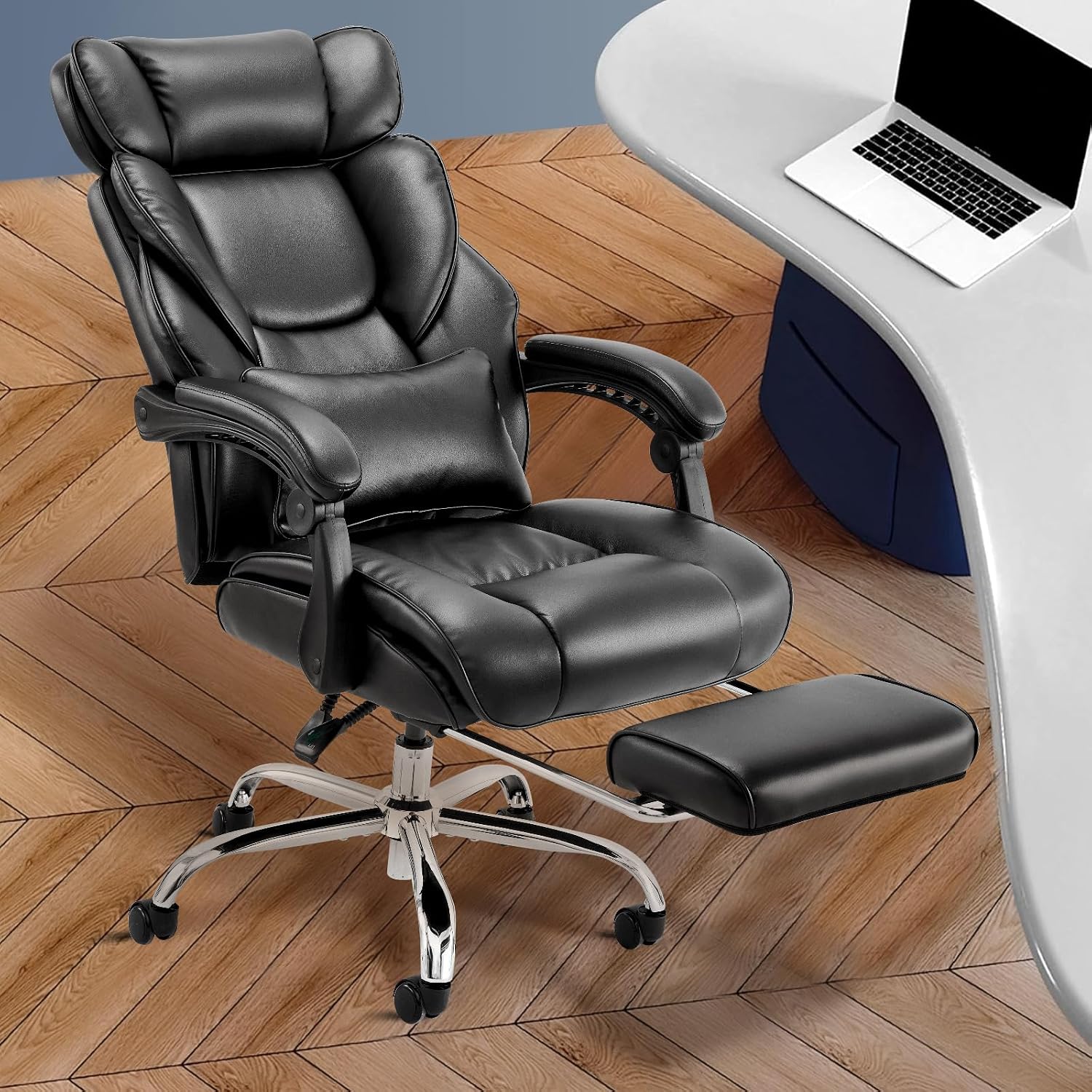 COLAMY Office Chair with Retractable Footrest, Ergonomic High Back Design Executive Computer Desk Chair with Removable Lumbar Pillow, 90-135°Reclining, Thick Bonded Leather for Home Office Work, Black