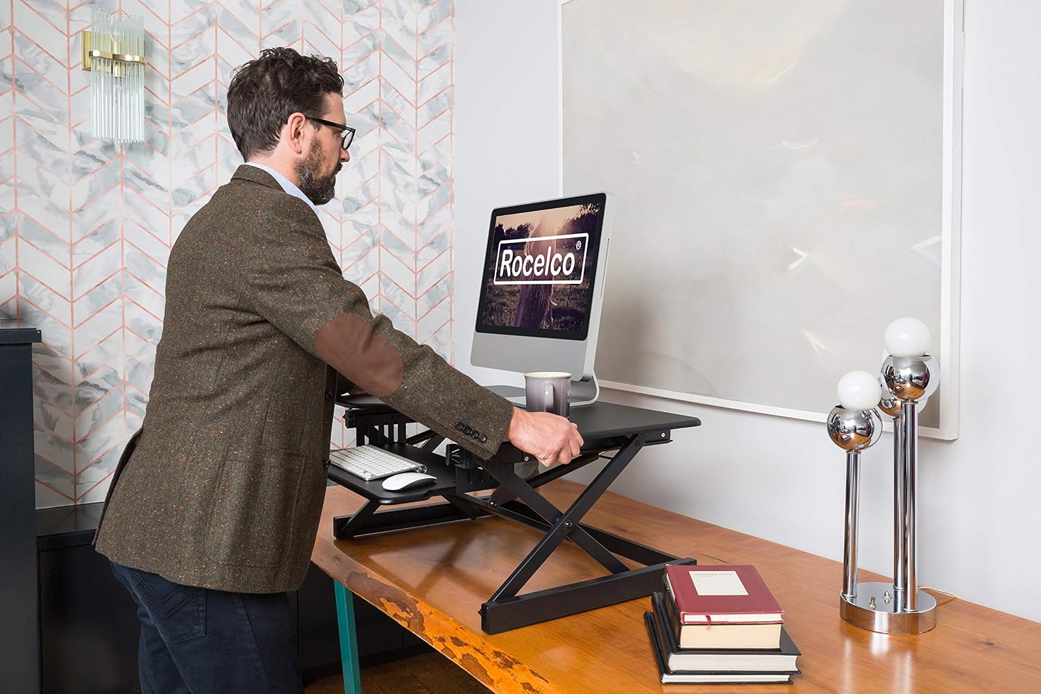 Rocelco 38' Large Height Adjustable Standing Desk Converter - Quick Sit Stand Up Dual Monitor Riser - Gas Spring Assist Tabletop Computer Workstation - Retractable Keyboard Tray - Black (R DADRB-38)