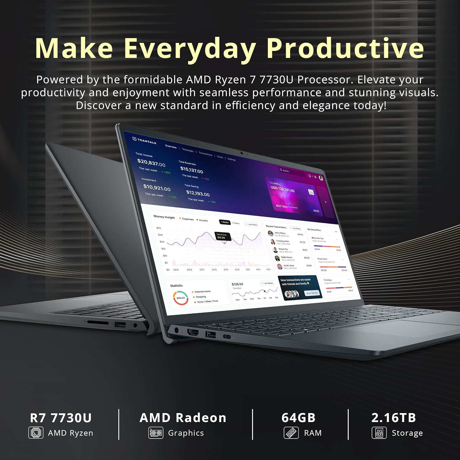 Dell Inspiron 15.6' FHD IPS Touchscreen Laptop, AMD Ryzen 7 7730U, 64GB DDR4 RAM, 2.16TB Storage(2TB SSD+160GB Docking Station Set), AMD Radeon Graphics, Num Pad, HD Camera, Win 11, Black