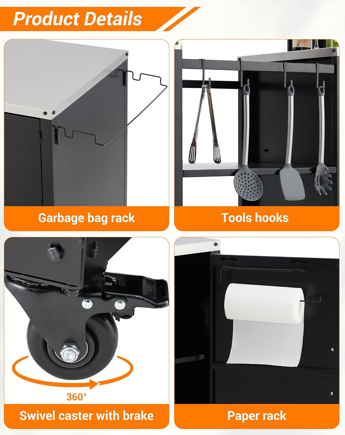 Grill Table Cart Compatible with Big Green Egg, Heavy-Duty Metal Grill Stand with Stainless Steel Side Tables, Storage Shelf, Hooks, Spice Rack, Paper Towel Holders & Garbage Bag Rack