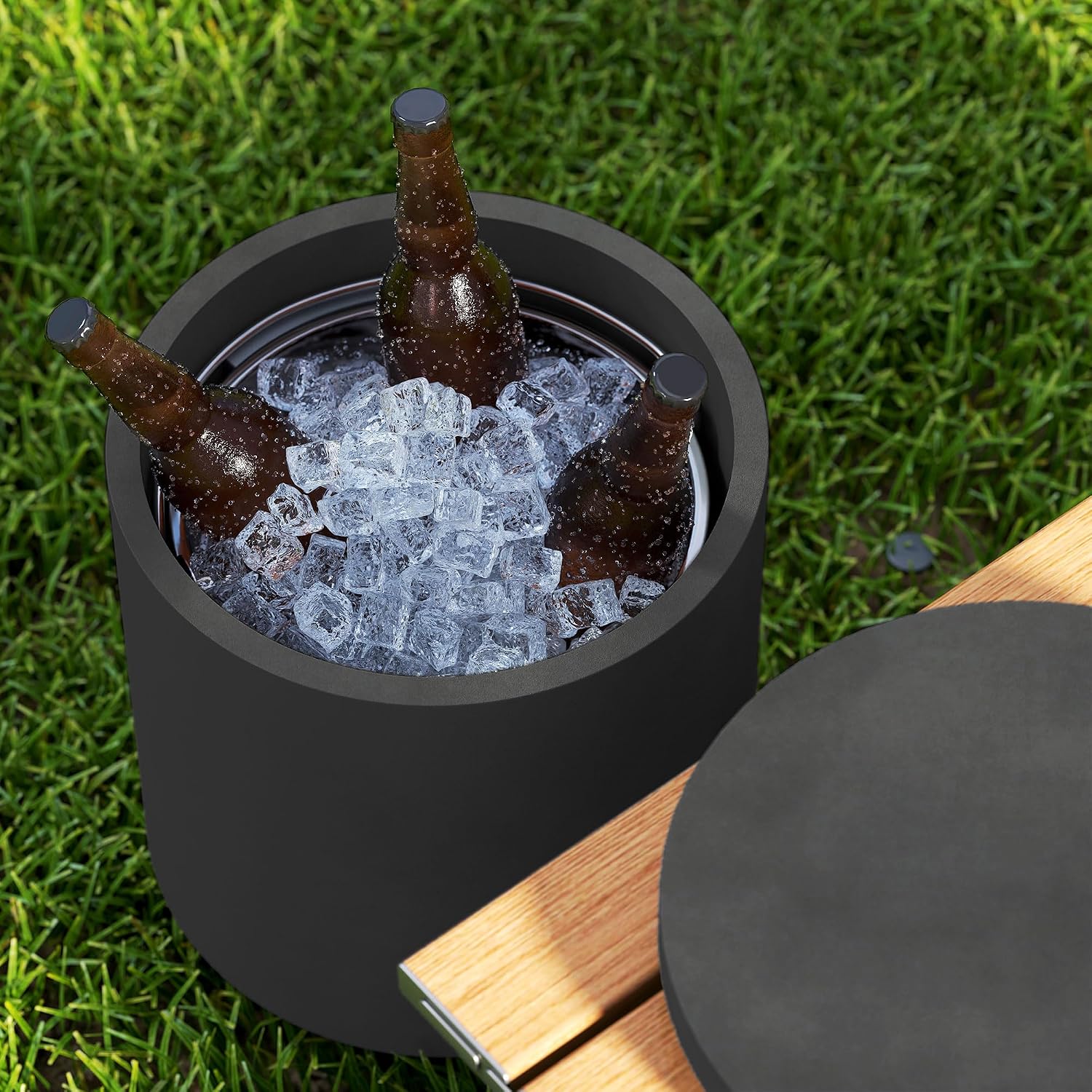 HOMCOM 2.6 Gal Outdoor Cooler Side Table, 3-in-1 Cool Coffee Table with Storage, Removable Ice Bucket and Lid, Concrete Small Patio Table for Party, Poolside, Deck, Charcoal Gray