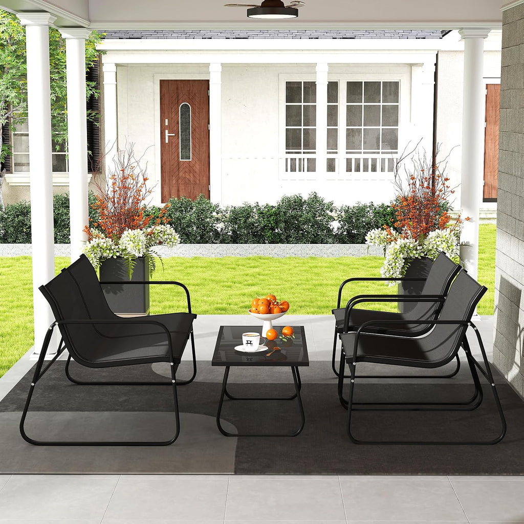 Tangkula 4 Piece Patio Furniture Set, Outdoor Metal Conversation Chair & Coffee Table Set with Mesh Seat Fabric & Tempered Glass Tabletop, Outside Bistro Set for Backyard, Porch, Poolside (1, Black)