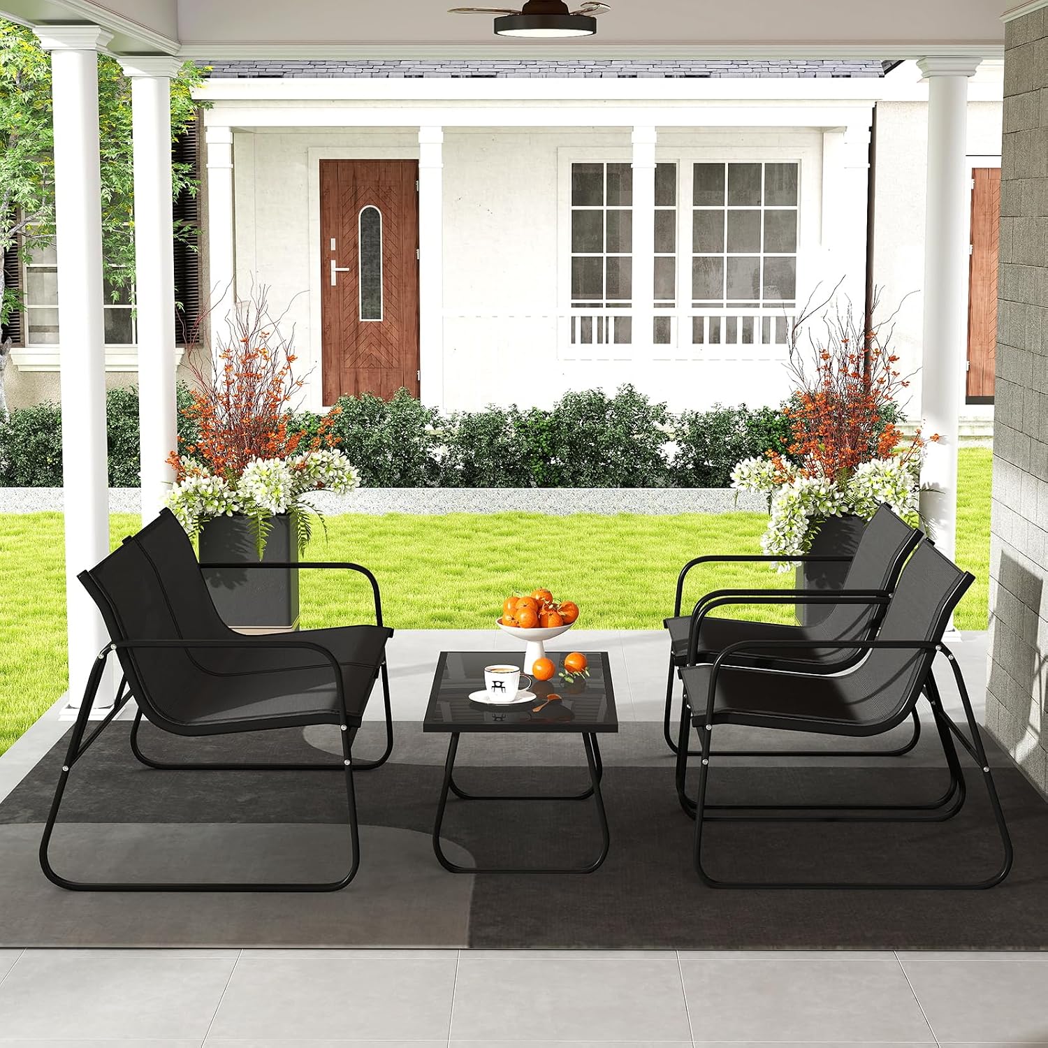 Tangkula 4 Piece Patio Furniture Set, Outdoor Metal Conversation Chair & Coffee Table Set with Mesh Seat Fabric & Tempered Glass Tabletop, Outside Bistro Set for Backyard, Porch, Poolside (1, Black)