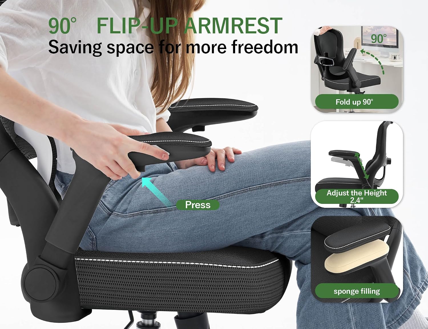 Ergonomic Office Chair - Desk Chair with Adjustable Lumbar Support Computer Chair - Mesh Comfy Chair with Flip-up Armrests - Gaming Chairs for Adults Home Office (Leather, Black)