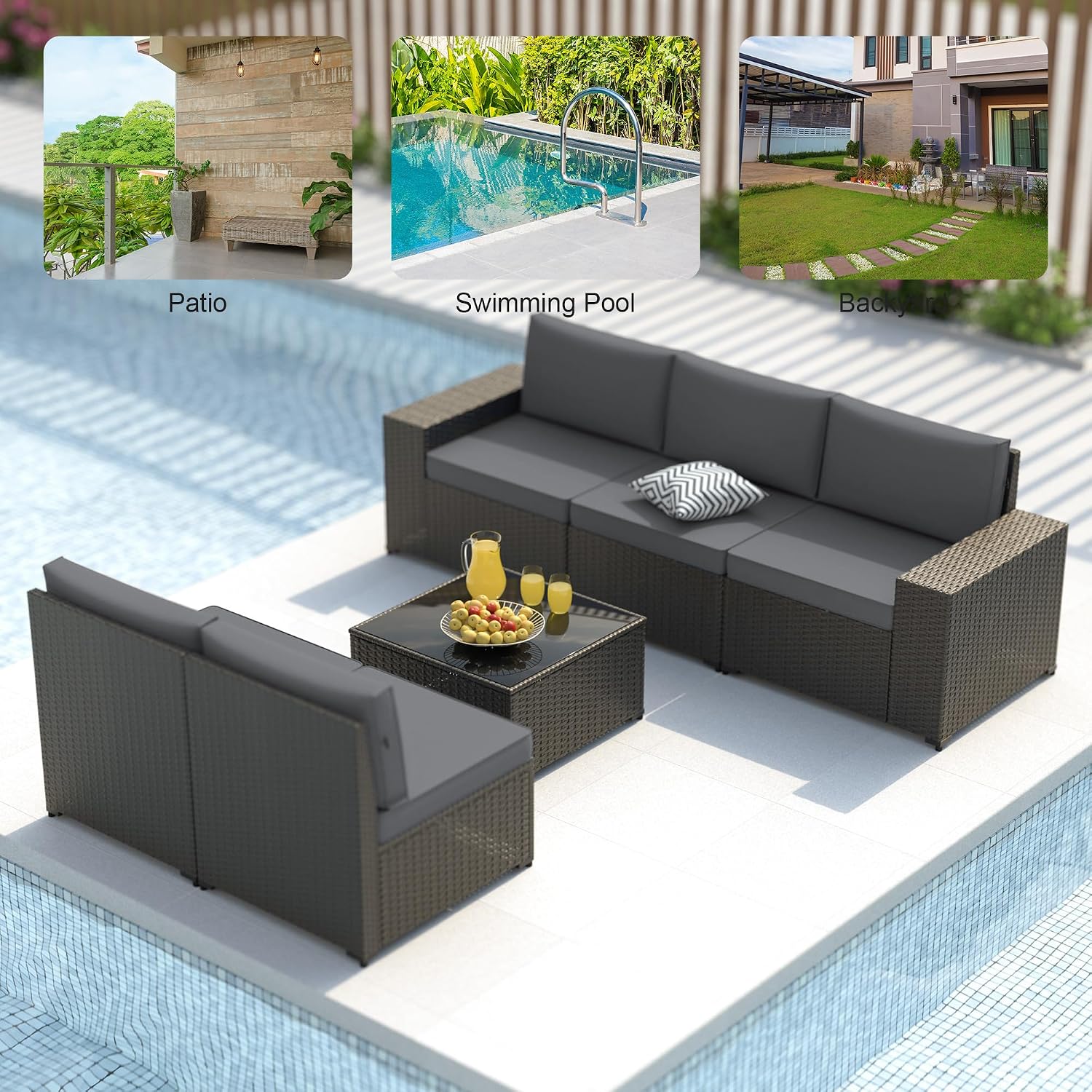 Patio Furniture Set, 6PCS Outdoor Sectional with Ottoman Wicker Rattan Patio Couch with Thickened Cushion Modular Wicker Patio Conversation Set with Glass Top Table for Balcony, Backyard(Grey)