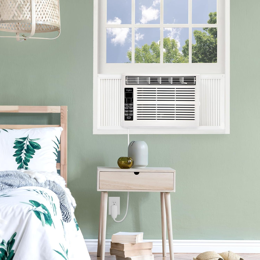 Whirlpool 6,000 BTU Window Air Conditioner with Dehumidifier, 115V, Window AC for Rooms up to 250 Sq. Ft., Living Room, Bedroom, or Kitchen, with Remote Control, Digital Display, and 24H-Timer, White