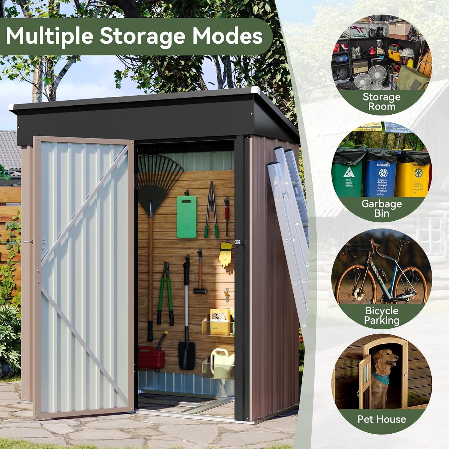 Aoxun 5' x 2.9' Shed Outdoor Storage Shed with Lockable Doors & Slooping Roof Metal Garden Tool Shed for Backyard, Patio, Poolside (Brown)