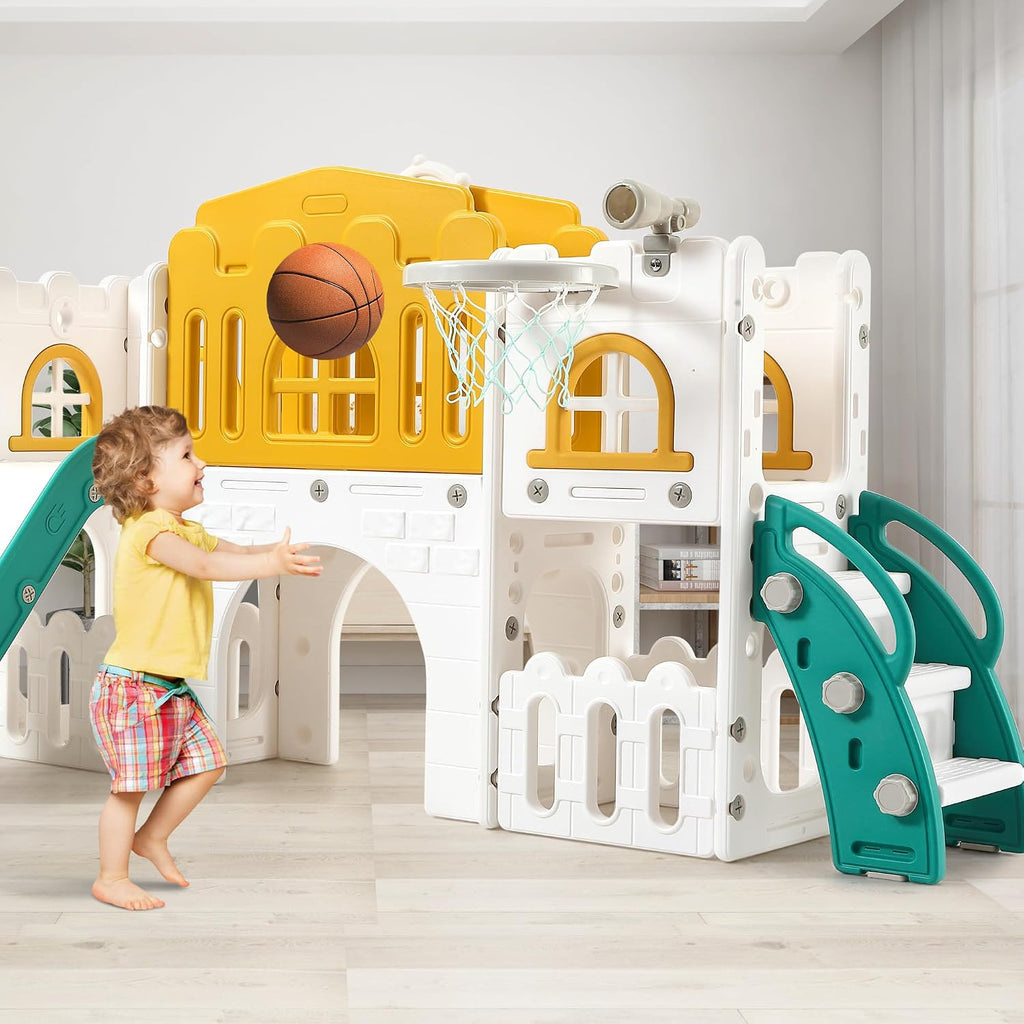 Garvee Toddler Slide 8 in 1 Toddler Playset for Toddlers Age 1-3, Baby Playset for Indoor Outdoor Playground with Climber, Crawling Tunnel, Basketball Hoop, Telescope, Toy Storage