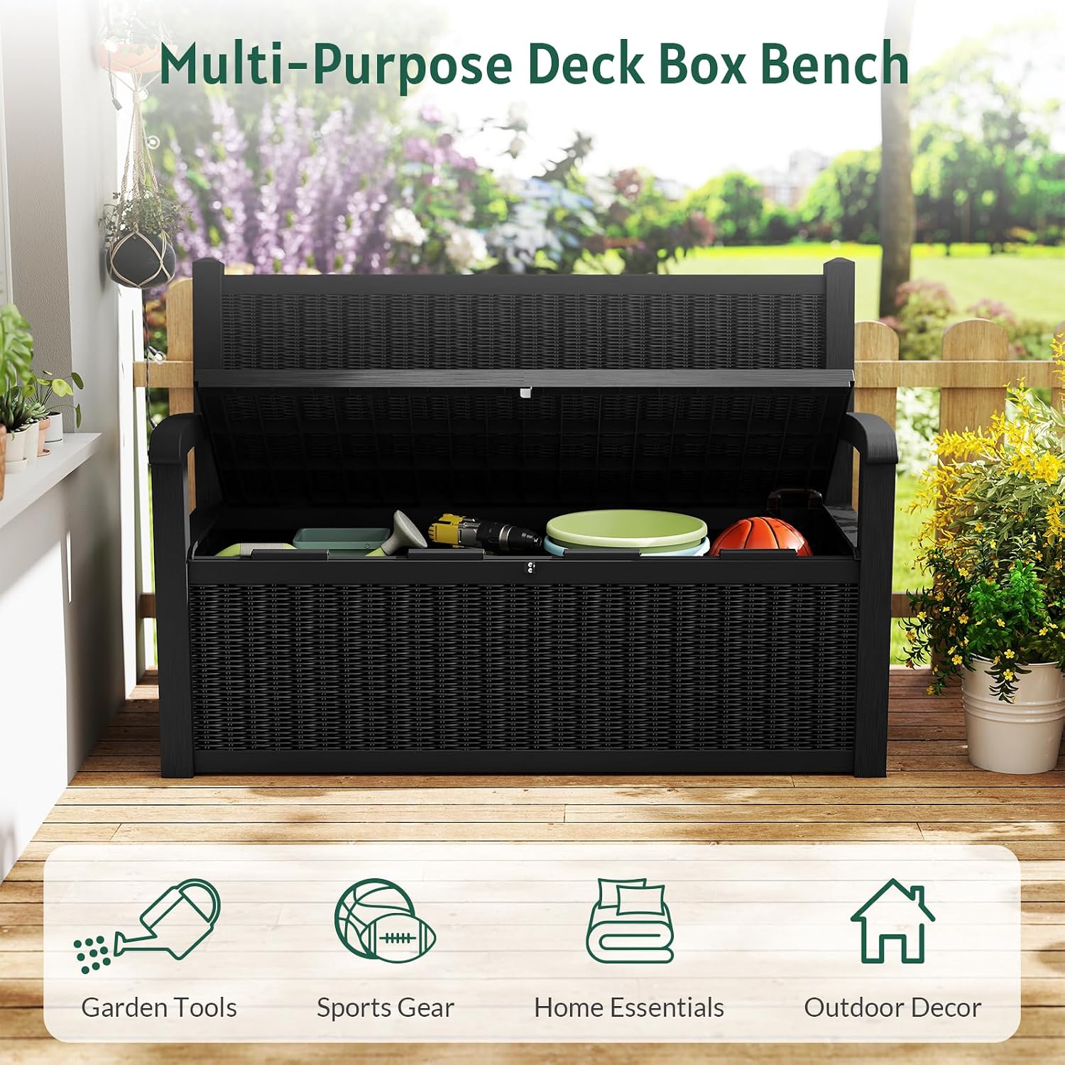 Skepphlay 70 Gallon Outdoor Storage Bench, Deck Box Bench with Armrest, Lockable Outside Benches with Storage, Deck Boxes Waterproof for Pool Patio Garden (Black)
