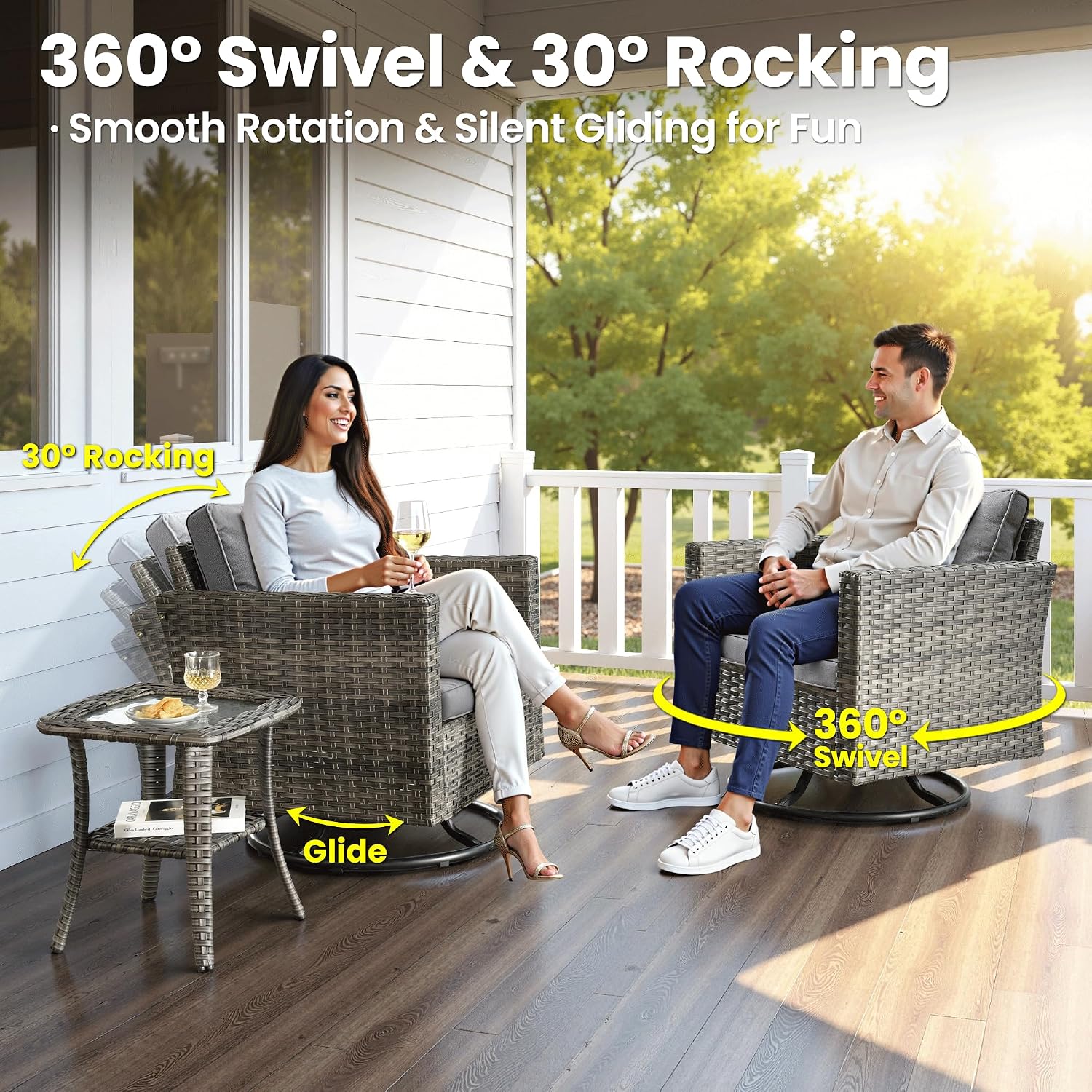 ovios 8 Pieces Patio Furniture Set, Outdoor Wicker Sofa Couch with Swivel Chairs, Rocking Glider Rocker with Comfy Cushions All Weather Rattan Conversation Set, Dark Grey