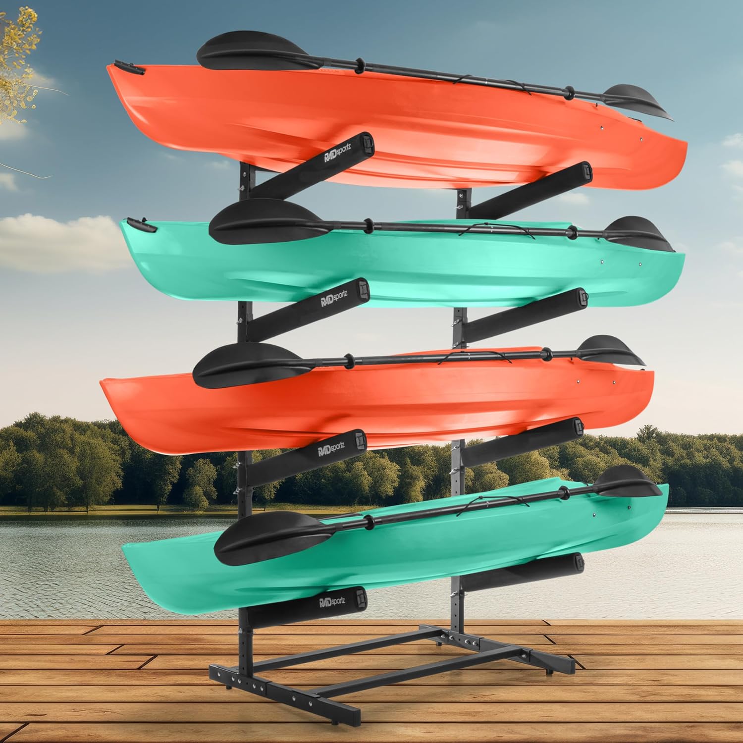 RAD Sportz Freestanding Kayak Storage Rack – Heavy Duty Adjustable Multi-Level Stand with Padded Arms for Kayaks, Canoes & Paddleboards (2, 3 or 4 Tier, Indoor/Outdoor Garage Organizer)