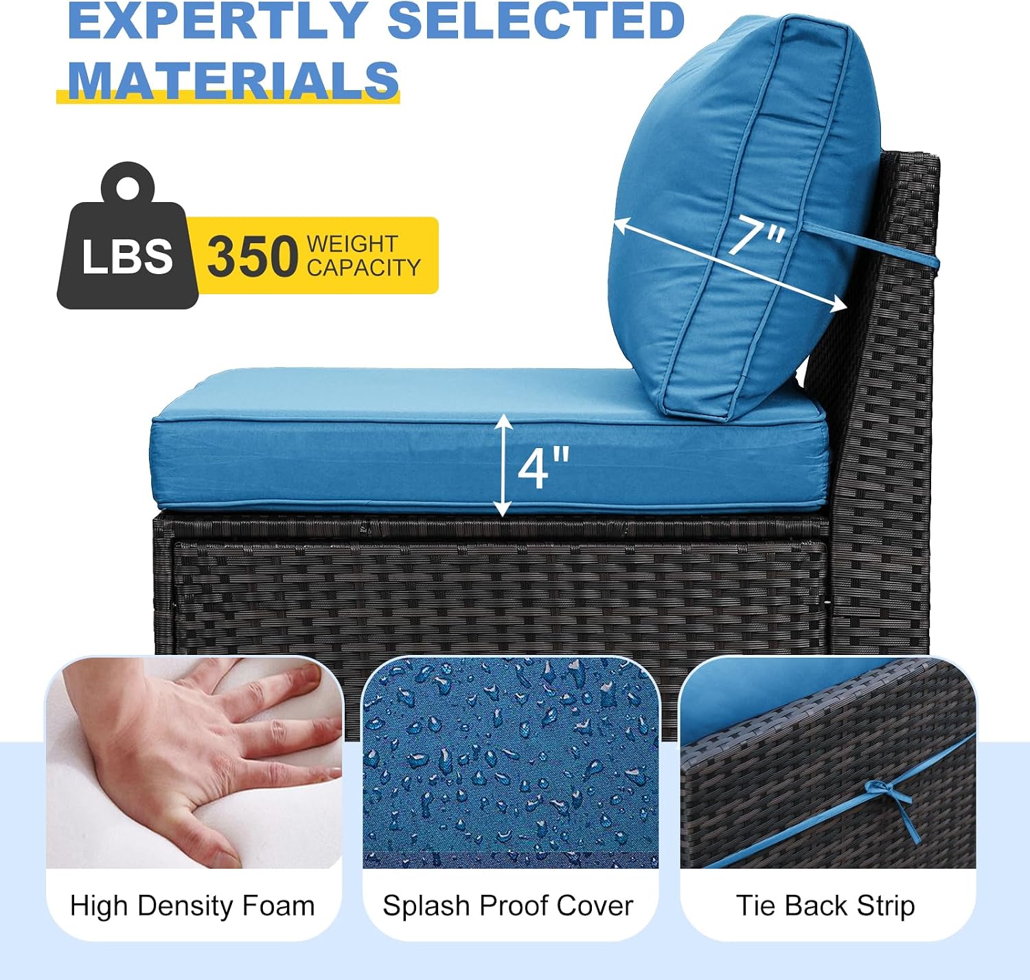 2 Piece Outdoor Wicker Armless Sofa, Patio Rattan Sectional Sofa Set with Thick Seat Cushions and 2 Back Cushions for Garden Patio, Backyard, Poolside Peacock Blue