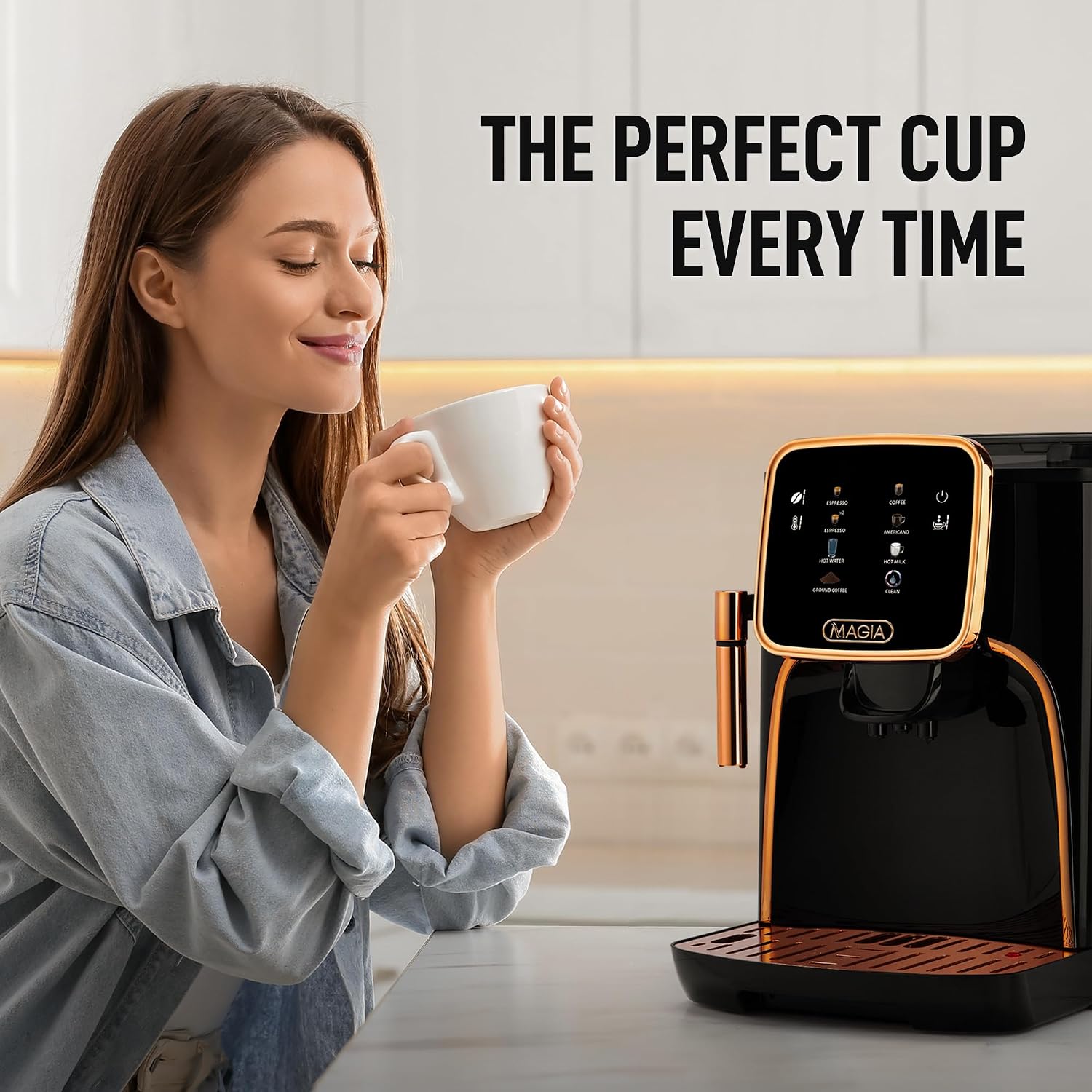 Zulay Kitchen Magia Clasica Automatic Espresso Machine with Built-In Grinder, Touch Panel Coffee Maker, Steam Wand Milk Frother, Adjustable Strength, Self-Cleaning, Black & Copper (13' x 17.7' x 9.4')