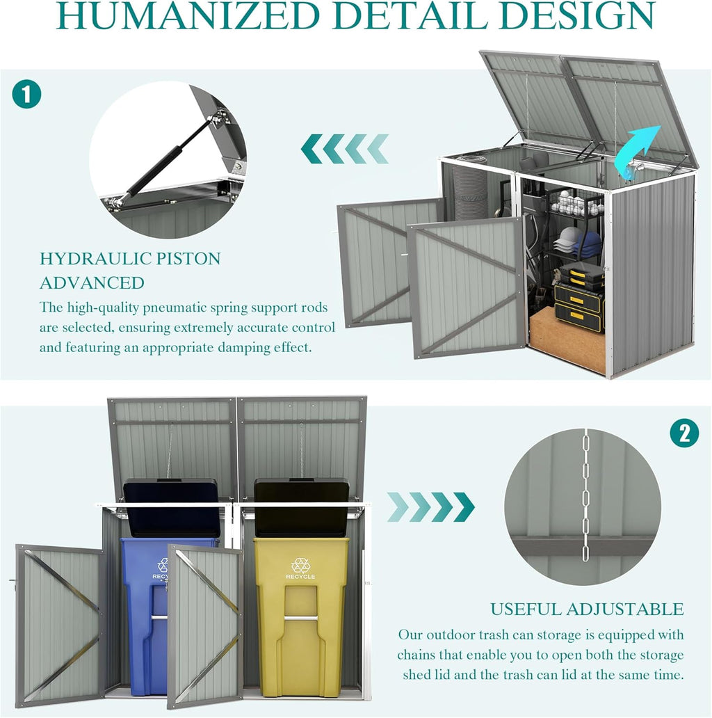 Outdoor Trash Can Storage, Garbage Bin Shed Stores 2 Trash Cans with Pneumatic Support Rod, 54 Cubic feet of Space, Metal Outdoor Storage Shed for Garbage Cans, Garden, Backyard, Patio, Light Gray