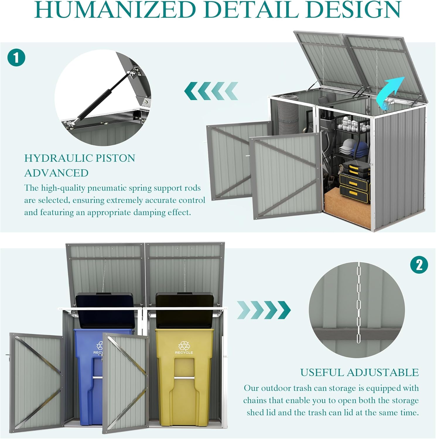 Outdoor Trash Can Storage, Garbage Bin Shed Stores 2 Trash Cans with Pneumatic Support Rod, 54 Cubic feet of Space, Metal Outdoor Storage Shed for Garbage Cans, Garden, Backyard, Patio, Light Gray