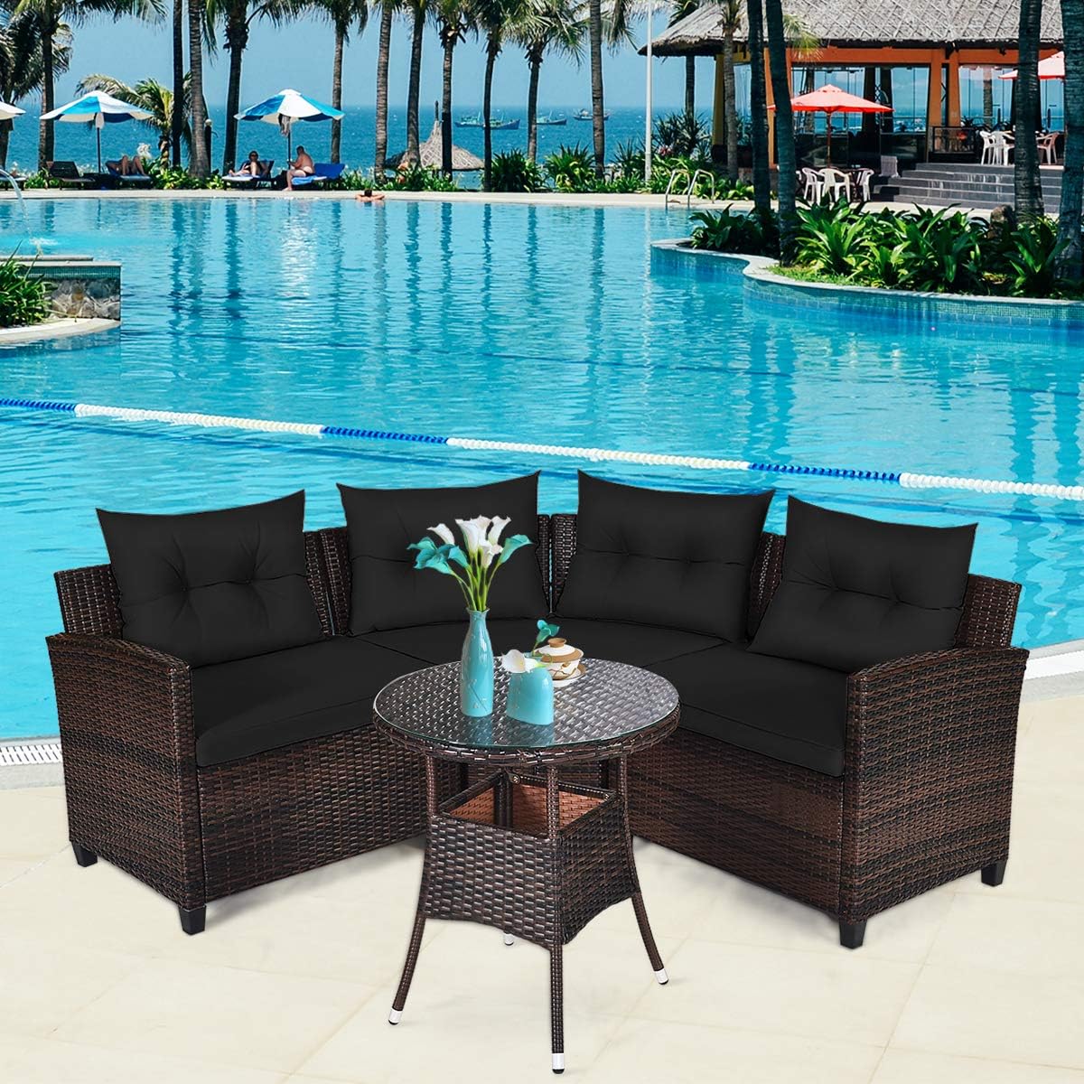 HAPPYGRILL 4 Pieces Rattan Patio Conversation Set, Outdoor Wicker Furniture Set with Cushioned Sofas and Coffee Table, L-Shape Sectional Curved Sofa Set for Garden Poolside Balcony