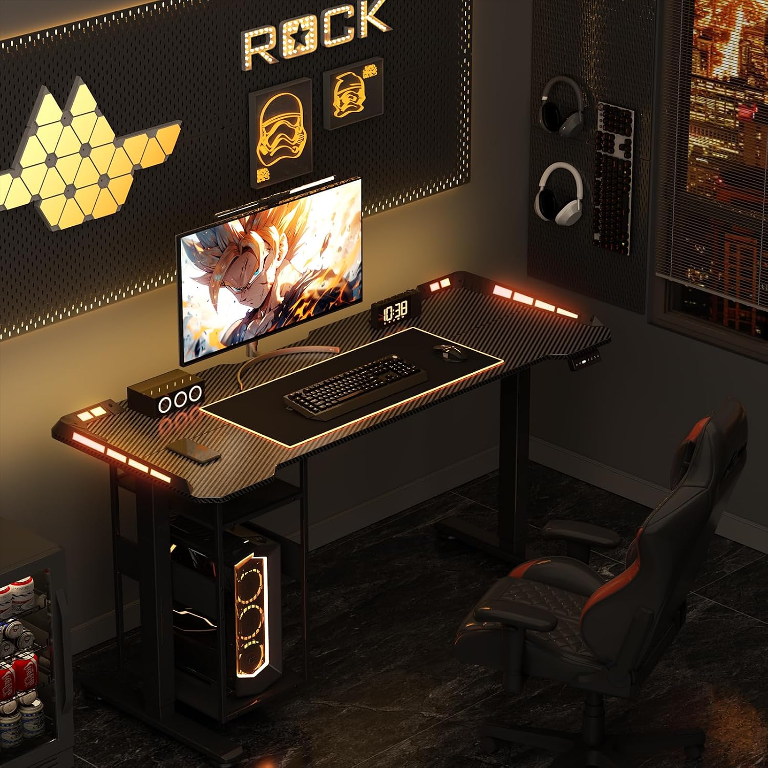 Electric Gaming Desk with LED Lights & Host Shelf, 55' x 24' Gaming Standing Table with Music Sensing APP Control, Underdesk Cable Storage Stand Up Table, Black Carbon Fiber PC Desk for Home Office