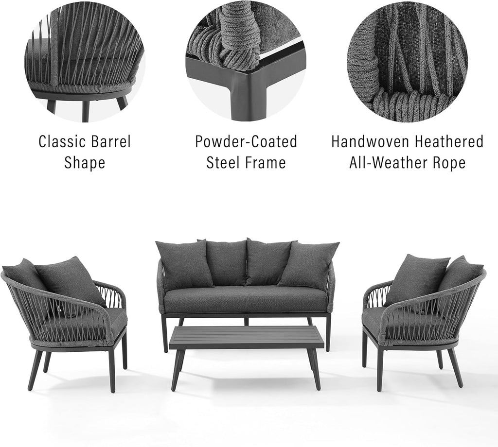 Crosley Furniture Dover 4-Piece Outdoor Loveseat Patio Furniture Set, Conversation Sets for Porch, Deck, Matte Black with Charcoal Cushions