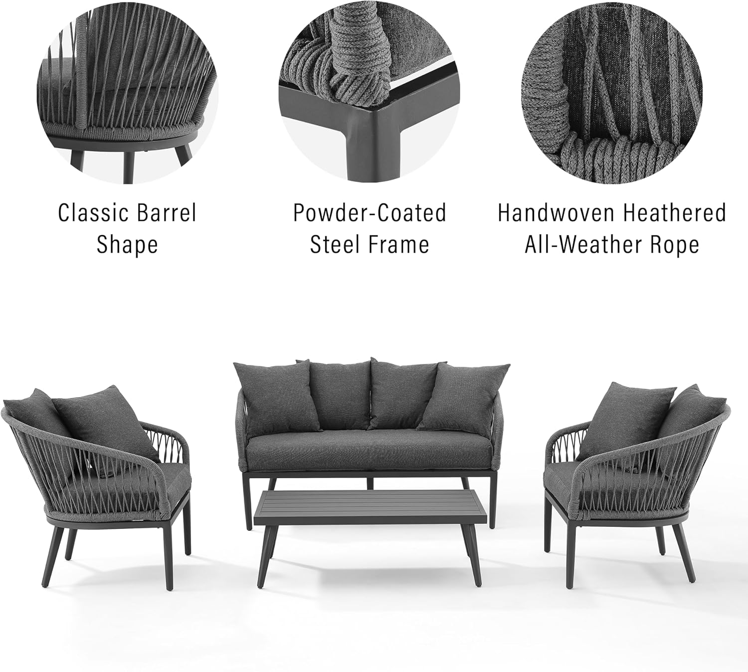 Crosley Furniture Dover 4-Piece Outdoor Loveseat Patio Furniture Set, Conversation Sets for Porch, Deck, Matte Black with Charcoal Cushions