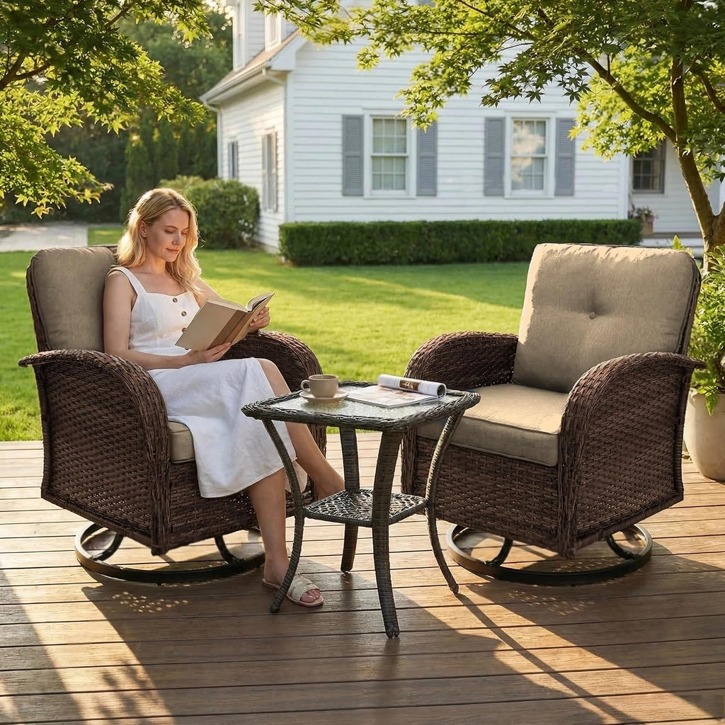 SHGJ&SOFT 3 Piece Patio Furniture Set, 2 Outdoor Swivel Rocking Chairs with Side Table, Wicker Glider Chairs, All-Weather Rattan Bistro Set for Porch, Deck, Pool (Brown, Brown Full-Weave Rattan)