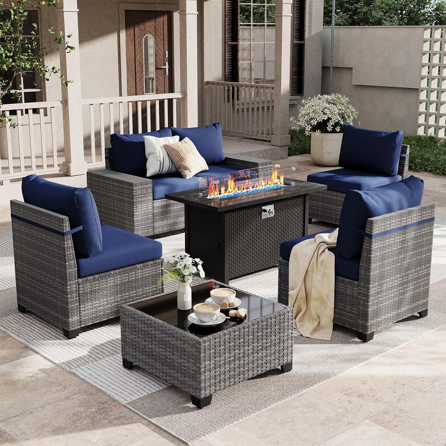 JOIVI 7 Pieces Outdoor Patio Furniture Set with 45' 50000BTU Fire Pit Table, Rattan Patio Conversation Set with Coffee Table, L-Shaped Sectional Sofa and Propane Fire Pit Set, Navy Blue