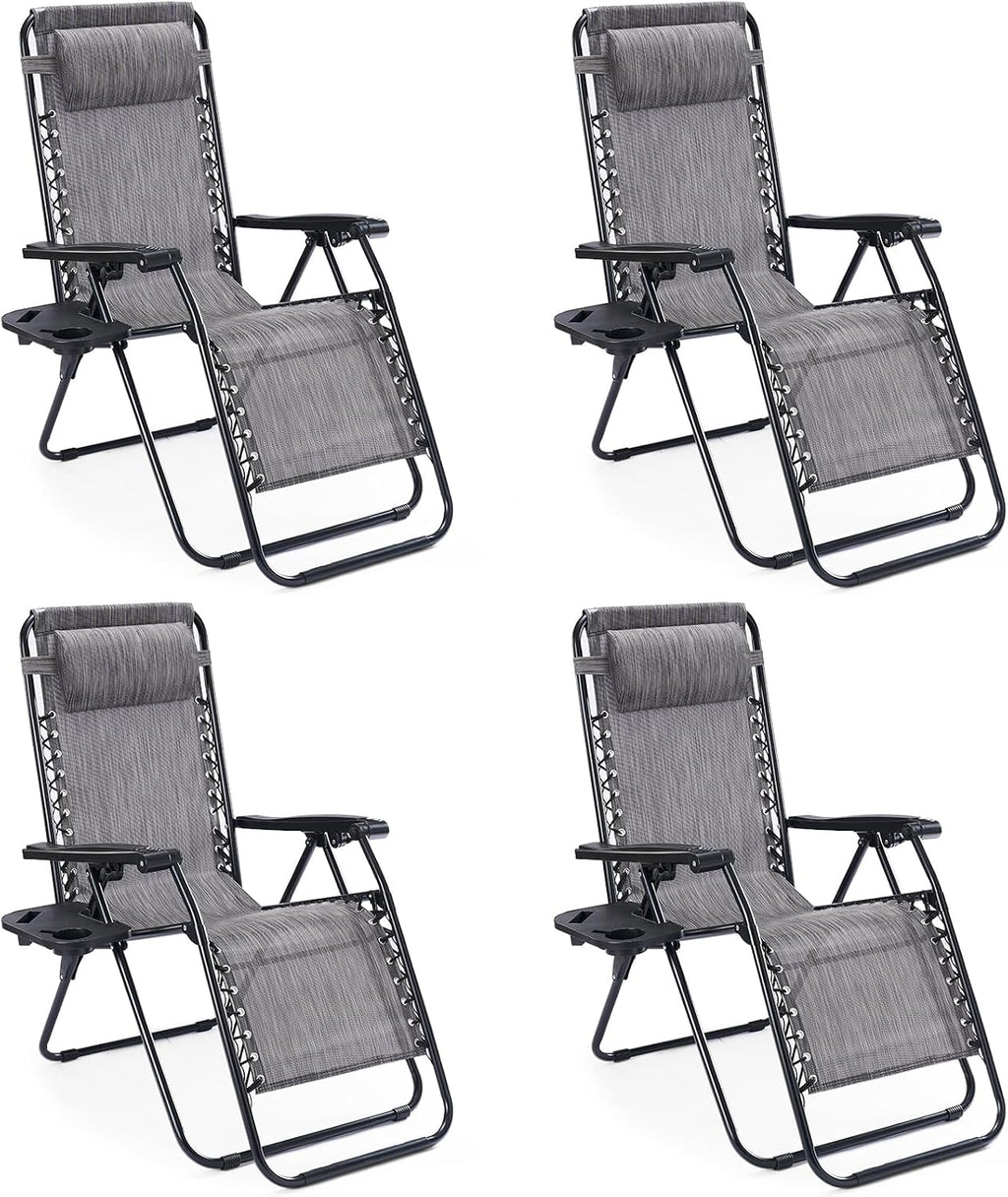 Sweetcrispy Zero Gravity Chairs, Set of 4 Portable Recliner Beach Camping Patio Outdoor Folding Lounge Chair with Cup Holder Trays and Adjustable Pillow for Poolside, Garden, Backyard, Lawn (Grey)