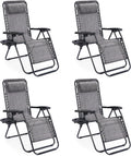 Sweetcrispy Zero Gravity Chairs, Set of 4 Portable Recliner Beach Camping Patio Outdoor Folding Lounge Chair with Cup Holder Trays and Adjustable Pillow for Poolside, Garden, Backyard, Lawn (Grey)