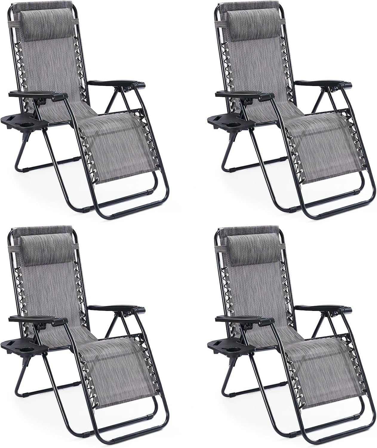 Sweetcrispy Zero Gravity Chairs, Set of 4 Portable Recliner Beach Camping Patio Outdoor Folding Lounge Chair with Cup Holder Trays and Adjustable Pillow for Poolside, Garden, Backyard, Lawn (Grey)